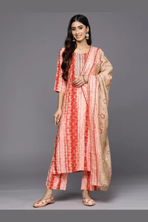 Libas Red Yoke Design Silk Blend Straight Kurta With Trousers & Dupatta