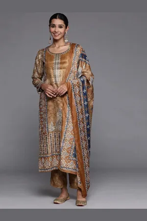 Libas Mustard Printed Velvet Straight Kurta With Dupatta