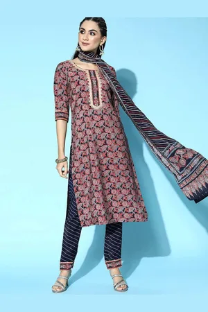 Libas Navy Blue Printed Silk Blend Straight Kurta With Dupatta