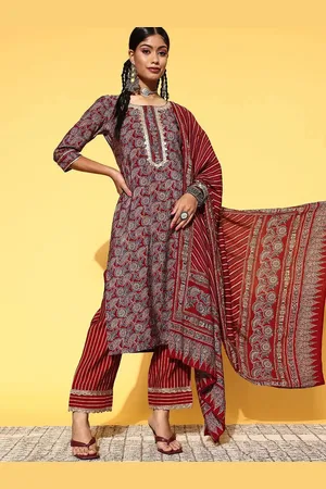 Libas Maroon Printed Silk Blend Straight Kurta With Dupatta