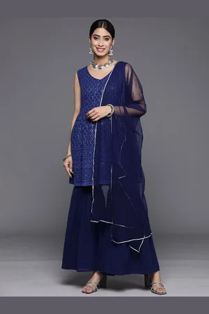 Libas Navy Blue Embroidered Georgette A-Line Sharara Suit Set With Dupatta