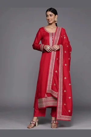 Libas Coral Embroidered Silk Blend Straight Kurta With Dupatta