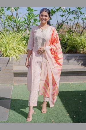 Libas Peach Yoke Design Silk Blend Straight Kurta With Trousers & Dupatta