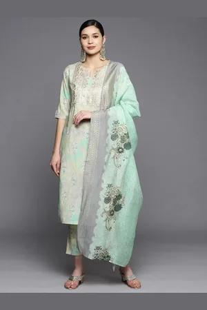 Libas Green Yoke Design Silk Blend Straight Kurta With Trousers & Dupatta