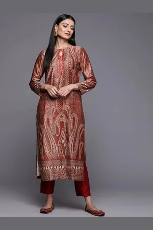 Libas Rust Printed Velvet Straight Kurta