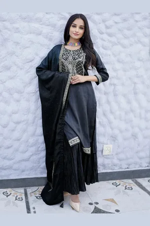 Libas Charcoal Yoke Design Silk Blend Straight Sharara Suit Set With Dupatta