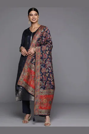 Libas Navy Blue Self Design Silk Blend Straight Kurta With Dupatta