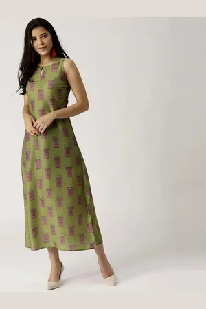 Libas Buy Olive Green Printed Silk Dress - 7386A-XS | Ethnic Wear Online
