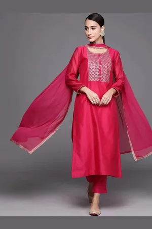 Libas Pink Embroidered Chanderi Silk Straight Kurta With Dupatta