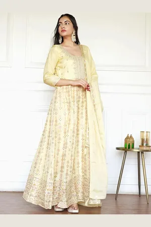 Libas Yellow Self Design Silk Anarkali Kurta With Churidar & Dupatta