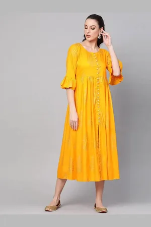 Libas Buy Yellow Printed Cotton Dress - 8768A-XS | Ethnic Wear Online