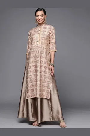 Libas Peach Printed Silk Straight Kurta
