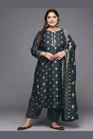 Libas Plus Size Charcoal Printed Silk Blend Straight Kurta With Dupatta