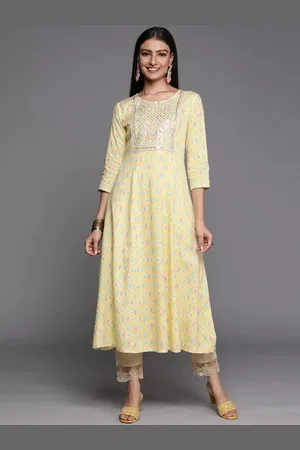 Libas Yellow Printed Rayon A-Line Kurta