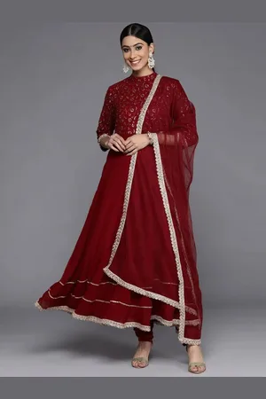 Libas Maroon Embroidered Georgette Anarkali Kurta With Churidar & Dupatta