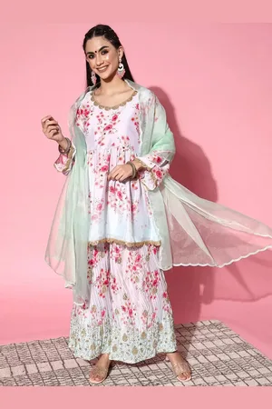 Libas Grey Printed Satin Anarkali Sharara Suit Set With Dupatta