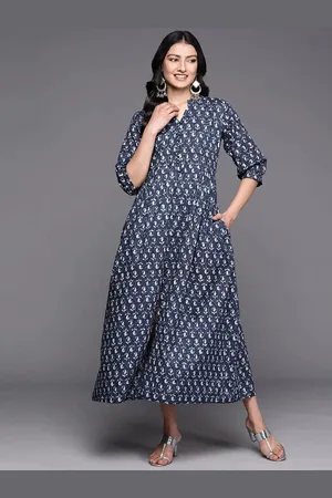 Libas Blue Printed Cotton Fit and Flare Dress