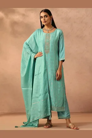 Libas Turquoise Blue Embroidered Silk Blend Straight Kurta With Trousers & Dupatta