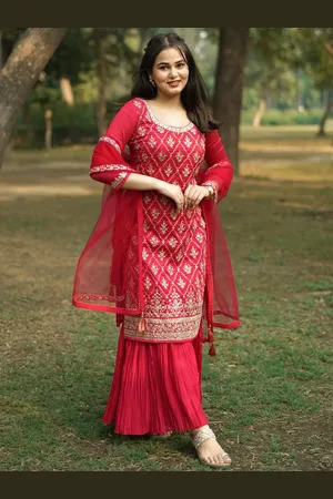 Libas Pink Embroidered Silk Blend Straight Sharara Suit Set With Dupatta