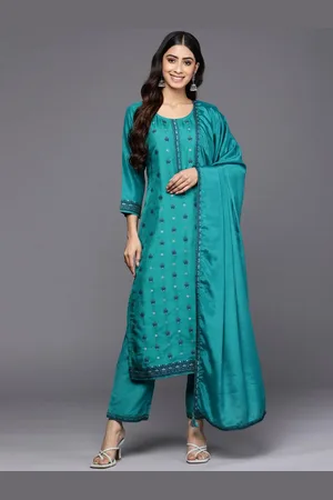 Libas Turquoise Blue Self Design Silk Blend Straight Kurta With Trousers & Dupatta