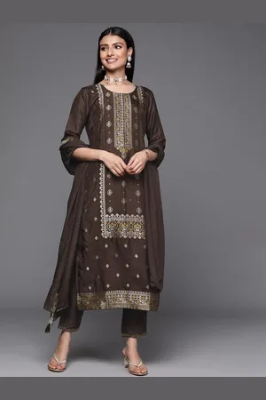 Libas Brown Self Design Silk Straight Kurta With Dupatta