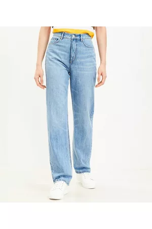 Petite High Rise Palazzo Jeans in Mid Indigo Wash