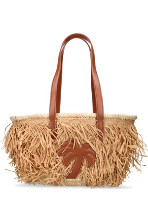 PALM ANGELS Palm Bridge leather-trimmed suede and woven raffia shoulder bag  in 2023