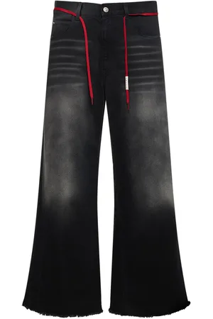 Women Black Hexagon Embroidery Flared Jeans