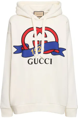 Shop the Ivory Cotton Oversize Sweatshirt with Gucci Logo and