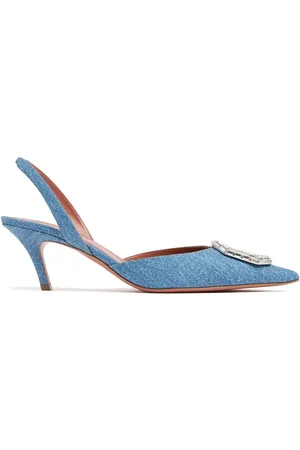 Amina Muaddi 60mm Camelia Denim Print Suede Heels
