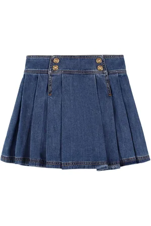 VERSACE Pleated Cotton Denim Skirt
