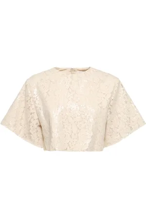 Msgm Sequined Lace Short Sleeve Crop Top