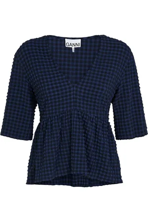 Ganni Seersucker Stretch Tech V-neck Top