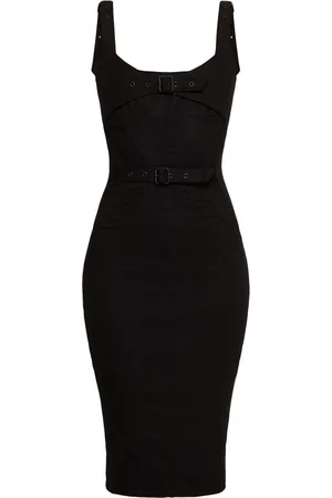 MUGLER Cotton Denim Midi Dress W/ Buckle Straps