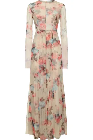 Serafini Long Sleeve Printed Tulle Long Dress