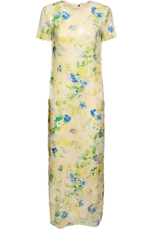 Msgm Sequined Flowers Short Sleeve Long Dress