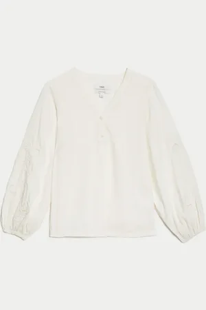 Marks & Spencer Linen Blend Embroidered V-Neck Blouse