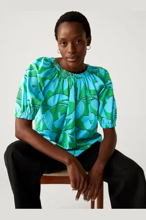 Marks & Spencer Pure Cotton Printed Blouson Sleeve Blouse