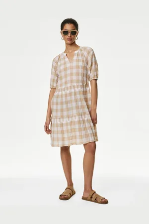 Marks & Spencer Cotton Rich Checked Mini Tiered Dress