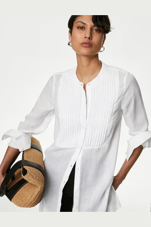 Marks & Spencer Ramie Collarless Pintuck Longline Shirt