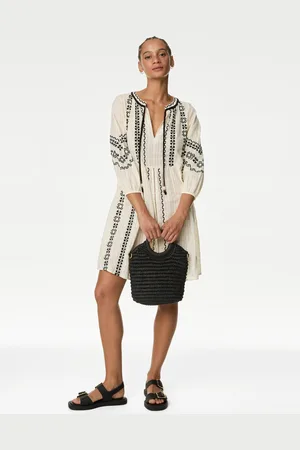 Marks & Spencer Pure Cotton Embroidered Tie Neck Mini Kaftan
