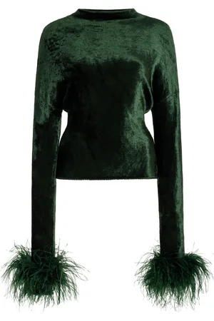 LAPOINTE Feather-Trimmed Dolman-Sleeve Velvet Top, , L