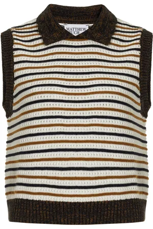 Matthew Bruch Striped Cotton-Blend Mesh Collared Tank Top, , XS