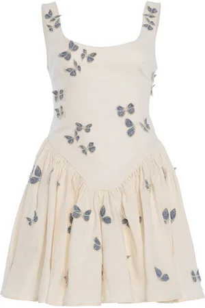 Agua by Agua Bendita Pluma Embroidered Linen Mini Dress, , S