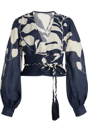 Andres Otalora La Postale Belted Botanical Linen Balloon-Sleeve Top, , US 0