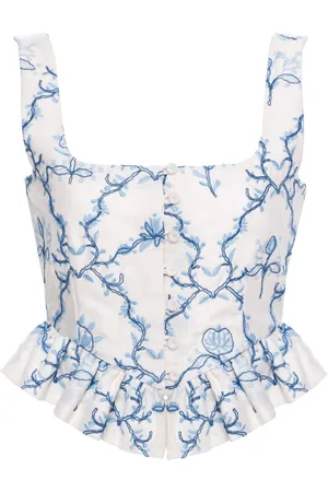 Agua by Agua Bendita Eslabon Floral Ruffled Linen Top, , XS