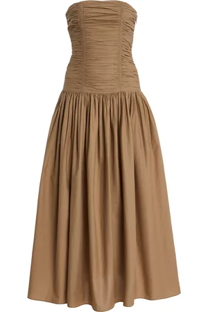 MATTEAU Strapless Ruched Cotton Drop-Waist Maxi Dress, , 1