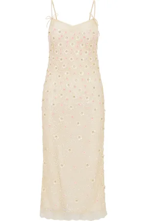 LOVESHACKFANCY Mirrian Embellished Lace Midi Dress, , US 4