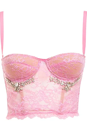 Des Phemmes Crystal-Embellished Lace Bustier Crop Top, , XS