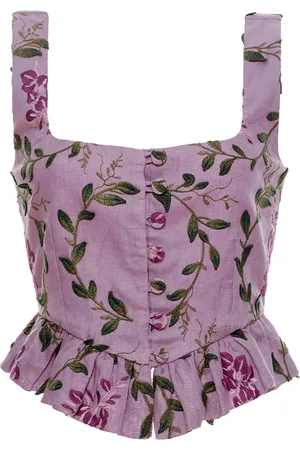 Agua by Agua Bendita Eslabon Floral Ruffled Linen Top, , L
